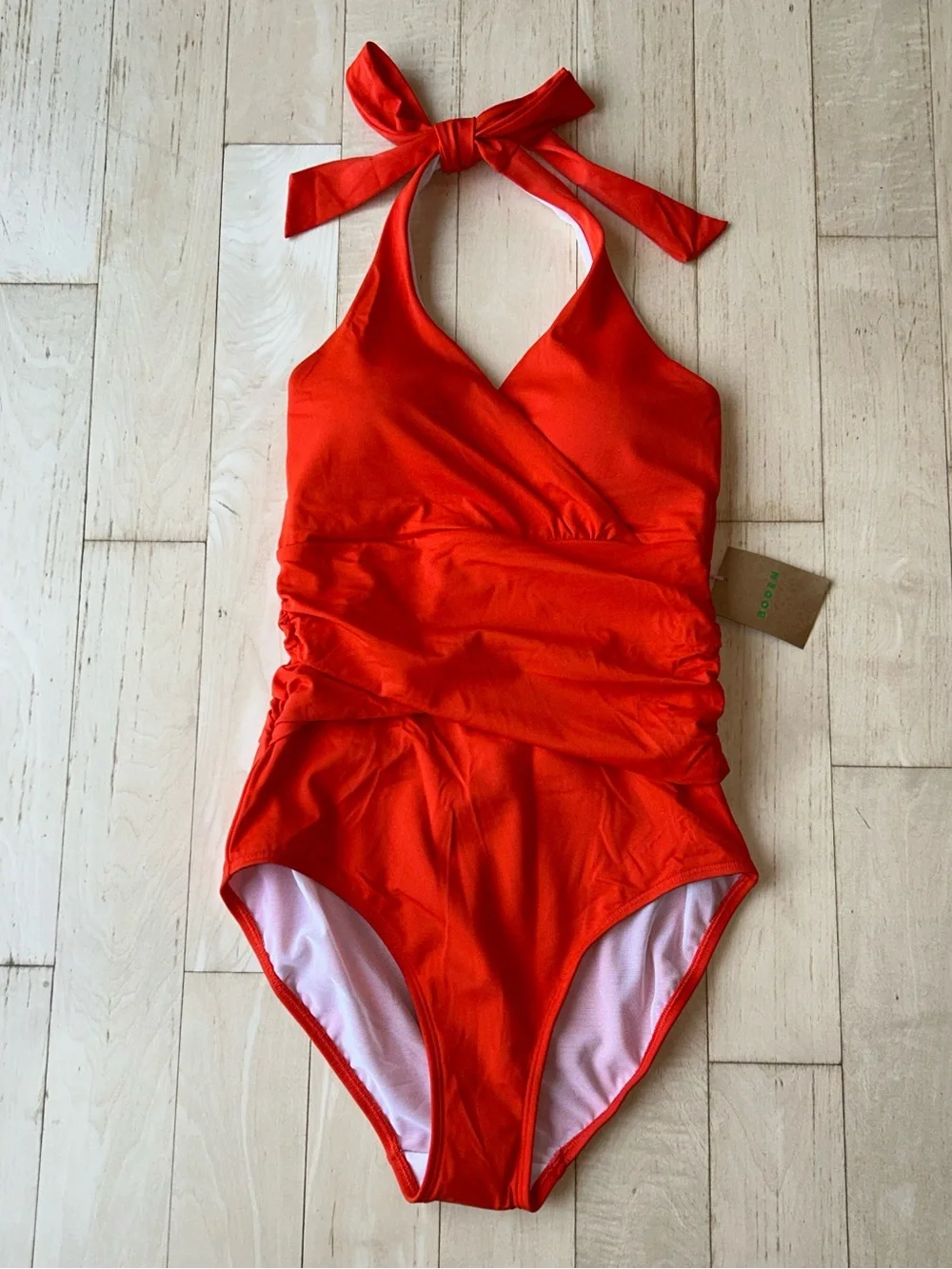 Boden Levanzo Ruched Halter Tie One Piece Swimsuit Fiesta Coral Size 6 Long NWT
